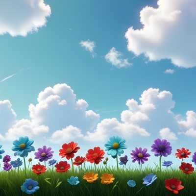 3d Model Colorful Flowers In Shades Of Green Red And Purple Are Arranged In A Row Against A Light Blue Sky With Soft Clouds The Flowers Are Set Against Lush Green Grass Figure Octane Render Volumetric Highly Deta 17 80a8