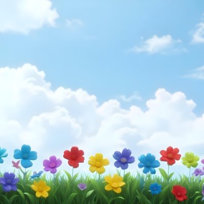 3d Model Colorful Flowers In Shades Of Green Red And Purple Are Arranged In A Row Against A Light Blue Sky With Soft Clouds The Flowers Are Set Against Lush Green Grass Figure Octane Render Volumetric Highly Deta 18 6e73
