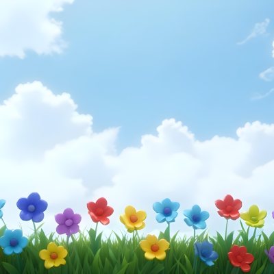 3d Model Colorful Flowers In Shades Of Green Red And Purple Are Arranged In A Row Against A Light Blue Sky With Soft Clouds The Flowers Are Set Against Lush Green Grass Figure Octane Render Volumetric Highly Deta 20 4300