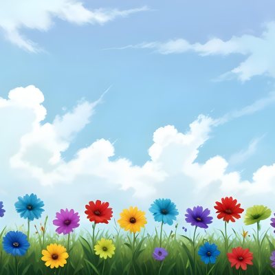 3d Model Colorful Flowers In Shades Of Green Red And Purple Are Arranged In A Row Against A Light Blue Sky With Soft Clouds The Flowers Are Set Against Lush Green Grass Figure Octane Render Volumetric Highly Deta 21 9af0