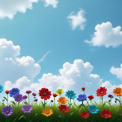 3d Model Colorful Flowers In Shades Of Green Red And Purple Are Arranged In A Row Against A Light Blue Sky With Soft Clouds The Flowers Are Set Against Lush Green Grass Figure Octane Render Volumetric Highly Deta 22 106b