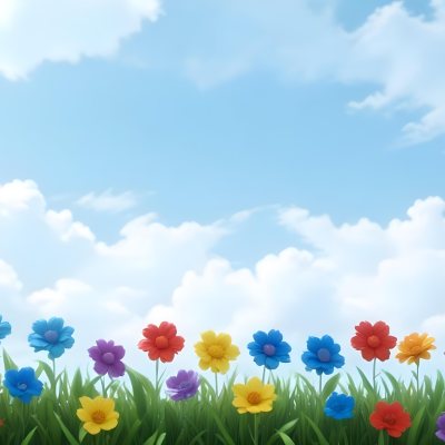 3d Model Colorful Flowers In Shades Of Green Red And Purple Are Arranged In A Row Against A Light Blue Sky With Soft Clouds The Flowers Are Set Against Lush Green Grass Figure Octane Render Volumetric Highly Deta 24 107c