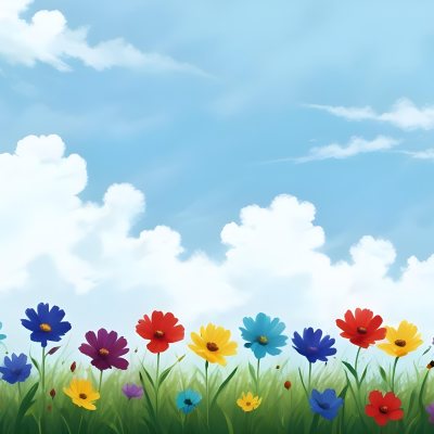 3d Model Colorful Flowers In Shades Of Green Red And Purple Are Arranged In A Row Against A Light Blue Sky With Soft Clouds The Flowers Are Set Against Lush Green Grass Figure Octane Render Volumetric Highly Deta 25 0f48