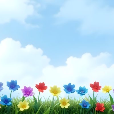 3d Model Colorful Flowers In Shades Of Green Red And Purple Are Arranged In A Row Against A Light Blue Sky With Soft Clouds The Flowers Are Set Against Lush Green Grass Figure Octane Render Volumetric Highly Deta 26 03e9