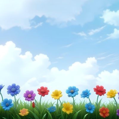 3d Model Colorful Flowers In Shades Of Green Red And Purple Are Arranged In A Row Against A Light Blue Sky With Soft Clouds The Flowers Are Set Against Lush Green Grass Figure Octane Render Volumetric Highly Deta 28 380f