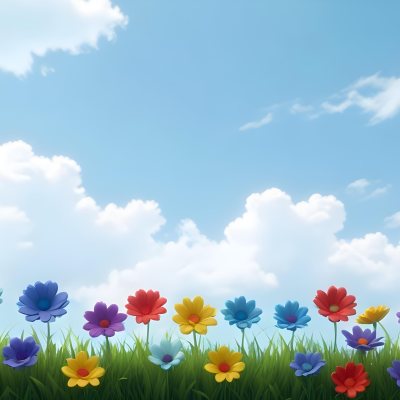 3d Model Colorful Flowers In Shades Of Green Red And Purple Are Arranged In A Row Against A Light Blue Sky With Soft Clouds The Flowers Are Set Against Lush Green Grass Figure Octane Render Volumetric Highly Deta 3 012d