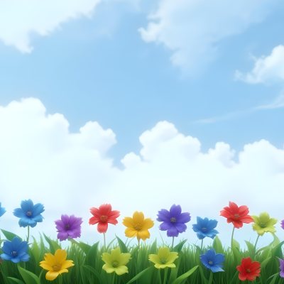 3d Model Colorful Flowers In Shades Of Green Red And Purple Are Arranged In A Row Against A Light Blue Sky With Soft Clouds The Flowers Are Set Against Lush Green Grass Figure Octane Render Volumetric Highly Deta 30 39b4
