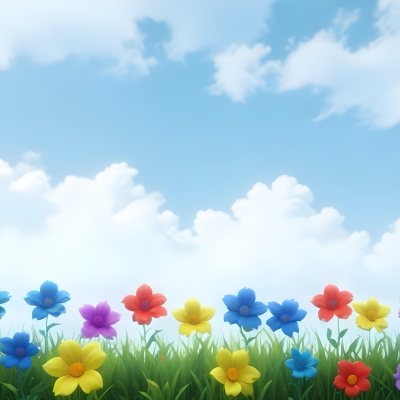 3d Model Colorful Flowers In Shades Of Green Red And Purple Are Arranged In A Row Against A Light Blue Sky With Soft Clouds The Flowers Are Set Against Lush Green Grass Figure Octane Render Volumetric Highly Deta 32 79d6