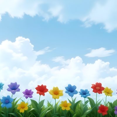 3d Model Colorful Flowers In Shades Of Green Red And Purple Are Arranged In A Row Against A Light Blue Sky With Soft Clouds The Flowers Are Set Against Lush Green Grass Figure Octane Render Volumetric Highly Deta 35 175c