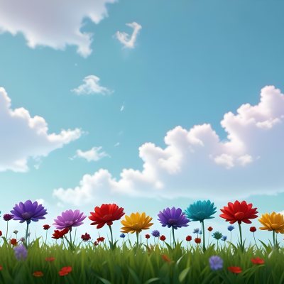 3d Model Colorful Flowers In Shades Of Green Red And Purple Are Arranged In A Row Against A Light Blue Sky With Soft Clouds The Flowers Are Set Against Lush Green Grass Figure Octane Render Volumetric Highly Deta 4 6e5a