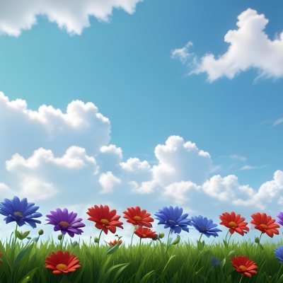3d Model Colorful Flowers In Shades Of Green Red And Purple Are Arranged In A Row Against A Light Blue Sky With Soft Clouds The Flowers Are Set Against Lush Green Grass Figure Octane Render Volumetric Highly Deta 6 503a