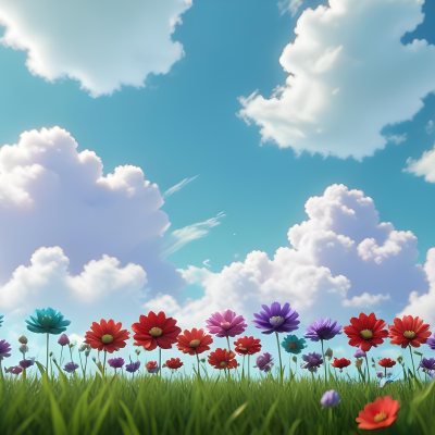 3d Model Colorful Flowers In Shades Of Green Red And Purple Are Arranged In A Row Against A Light Blue Sky With Soft Clouds The Flowers Are Set Against Lush Green Grass Figure Octane Render Volumetric Highly Deta 7 95a7