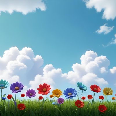 3d Model Colorful Flowers In Shades Of Green Red And Purple Are Arranged In A Row Against A Light Blue Sky With Soft Clouds The Flowers Are Set Against Lush Green Grass Figure Octane Render Volumetric Highly Deta 8 E950