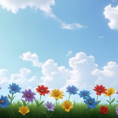 3d Model Colorful Flowers In Shades Of Green Red And Purple Are Arranged In A Row Against A Light Blue Sky With Soft Clouds The Flowers Are Set Against Lush Green Grass Figure Octane Render Volumetric Highly Deta 9 23f8