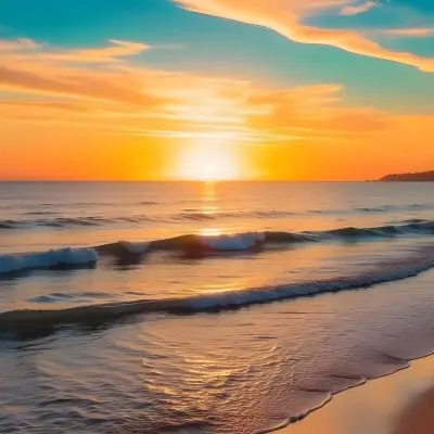 A Beach With A Sunset The Sun Is Reflecting On The Water The Sky Is Orange And Blue The Waves Are Small And Calm 28 5c5b