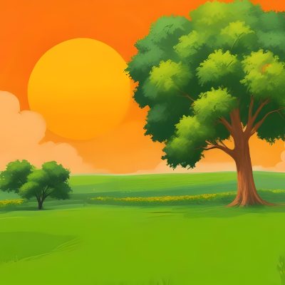 A Big Tree With Orange Leaves And A Orange Trunk A Green Field A Orange Sun And An Yellow Sky 9