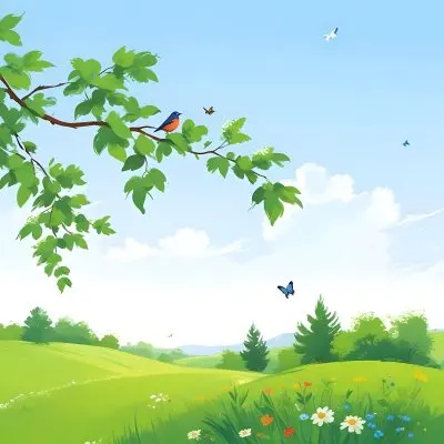 A Bird Perched On A Branch With Flowers Rolling Green Hills With Trees And Flowers Blue Sky With Clouds Butterflies Flying Around Sunny Day In The Countryside 13 Bda7