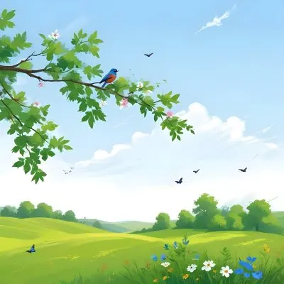 A Bird Perched On A Branch With Flowers Rolling Green Hills With Trees And Flowers Blue Sky With Clouds Butterflies Flying Around Sunny Day In The Countryside 14 8e23