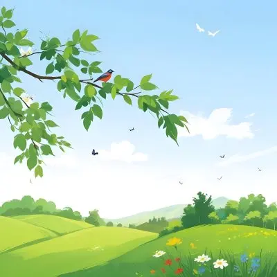 A Bird Perched On A Branch With Flowers Rolling Green Hills With Trees And Flowers Blue Sky With Clouds Butterflies Flying Around Sunny Day In The Countryside 16 22e3