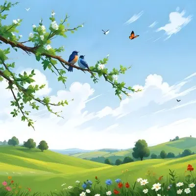 A Bird Perched On A Branch With Flowers Rolling Green Hills With Trees And Flowers Blue Sky With Clouds Butterflies Flying Around Sunny Day In The Countryside 21 D075