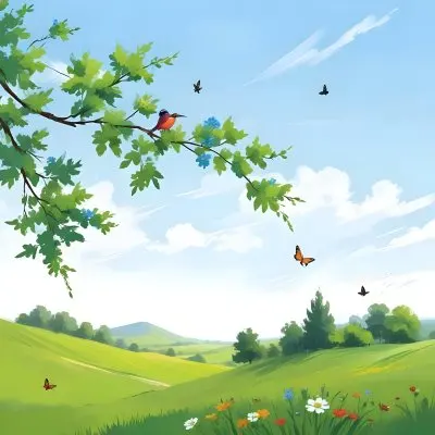 A Bird Perched On A Branch With Flowers Rolling Green Hills With Trees And Flowers Blue Sky With Clouds Butterflies Flying Around Sunny Day In The Countryside 22 Afb2