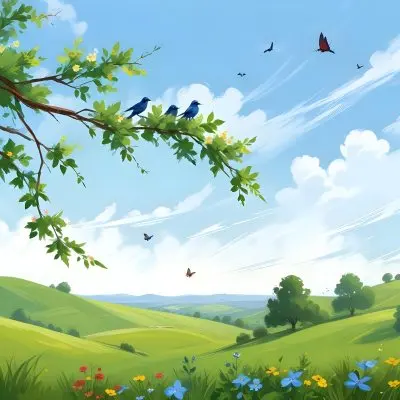 A Bird Perched On A Branch With Flowers Rolling Green Hills With Trees And Flowers Blue Sky With Clouds Butterflies Flying Around Sunny Day In The Countryside 24 8379