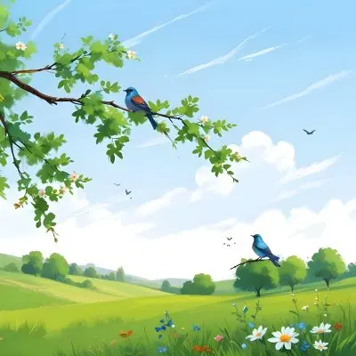 A Bird Perched On A Branch With Flowers Rolling Green Hills With Trees And Flowers Blue Sky With Clouds Butterflies Flying Around Sunny Day In The Countryside 3 11b4