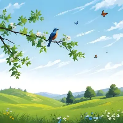 A Bird Perched On A Branch With Flowers Rolling Green Hills With Trees And Flowers Blue Sky With Clouds Butterflies Flying Around Sunny Day In The Countryside 6 3cfd