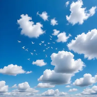 A Bright Blue Sky Filled With Various White Clouds Some Fluffy And Rounded While Others Are Wispy And Spread Out The Overall Scene Conveys A Clear And Sunny Day With A Few Birds Flying In The Background 1 Bb17