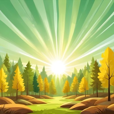 A Cartoon Forest With Green Yellow And Brown Trees Under A Bright Sun With Rays Of Light In A Clear Sky Nature Background Vector Illustration 1 7214