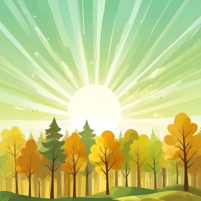 A Cartoon Forest With Green Yellow And Brown Trees Under A Bright Sun With Rays Of Light In A Clear Sky Nature Background Vector Illustration 10 9f9c