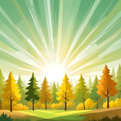 A Cartoon Forest With Green Yellow And Brown Trees Under A Bright Sun With Rays Of Light In A Clear Sky Nature Background Vector Illustration 11 8326