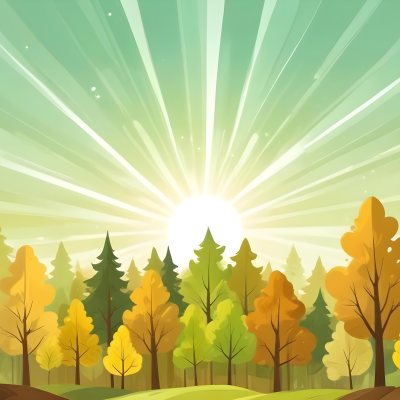 A Cartoon Forest With Green Yellow And Brown Trees Under A Bright Sun With Rays Of Light In A Clear Sky Nature Background Vector Illustration 12 5591