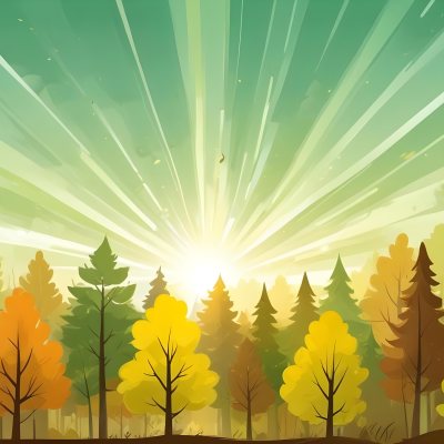 A Cartoon Forest With Green Yellow And Brown Trees Under A Bright Sun With Rays Of Light In A Clear Sky Nature Background Vector Illustration 13 E3a6