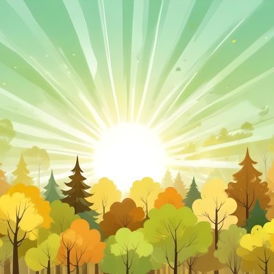 A Cartoon Forest With Green Yellow And Brown Trees Under A Bright Sun With Rays Of Light In A Clear Sky Nature Background Vector Illustration 14 Cc3f
