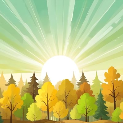 A Cartoon Forest With Green Yellow And Brown Trees Under A Bright Sun With Rays Of Light In A Clear Sky Nature Background Vector Illustration 15 B3d8