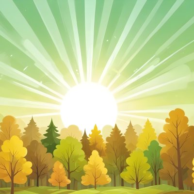 A Cartoon Forest With Green Yellow And Brown Trees Under A Bright Sun With Rays Of Light In A Clear Sky Nature Background Vector Illustration 17 Ef8c
