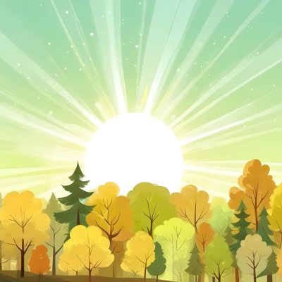 A Cartoon Forest With Green Yellow And Brown Trees Under A Bright Sun With Rays Of Light In A Clear Sky Nature Background Vector Illustration 18 Fd17
