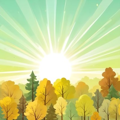 A Cartoon Forest With Green Yellow And Brown Trees Under A Bright Sun With Rays Of Light In A Clear Sky Nature Background Vector Illustration 19 91d2