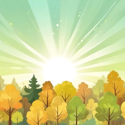 A Cartoon Forest With Green Yellow And Brown Trees Under A Bright Sun With Rays Of Light In A Clear Sky Nature Background Vector Illustration 2 173f