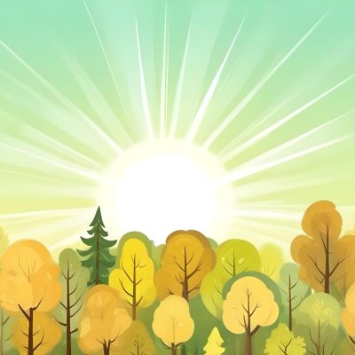 A Cartoon Forest With Green Yellow And Brown Trees Under A Bright Sun With Rays Of Light In A Clear Sky Nature Background Vector Illustration 20 2bb7