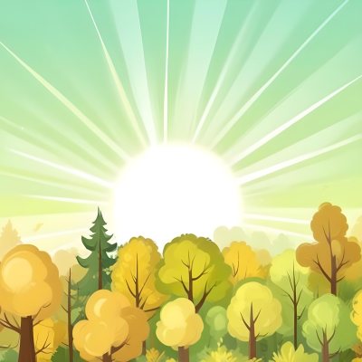 A Cartoon Forest With Green Yellow And Brown Trees Under A Bright Sun With Rays Of Light In A Clear Sky Nature Background Vector Illustration 21 9a72