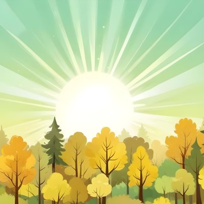 A Cartoon Forest With Green Yellow And Brown Trees Under A Bright Sun With Rays Of Light In A Clear Sky Nature Background Vector Illustration 22 1d6b