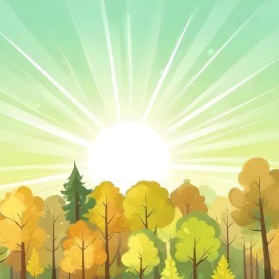 A Cartoon Forest With Green Yellow And Brown Trees Under A Bright Sun With Rays Of Light In A Clear Sky Nature Background Vector Illustration 23 E10d