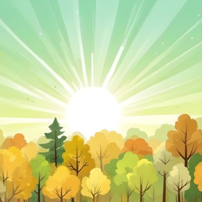 A Cartoon Forest With Green Yellow And Brown Trees Under A Bright Sun With Rays Of Light In A Clear Sky Nature Background Vector Illustration 25 B9ca