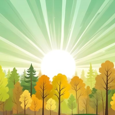 A Cartoon Forest With Green Yellow And Brown Trees Under A Bright Sun With Rays Of Light In A Clear Sky Nature Background Vector Illustration 3 Ff3f