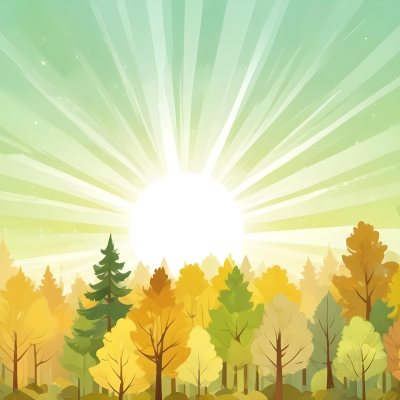 A Cartoon Forest With Green Yellow And Brown Trees Under A Bright Sun With Rays Of Light In A Clear Sky Nature Background Vector Illustration 33 D4e9