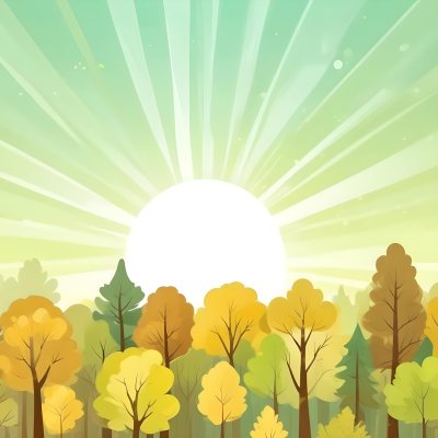 A Cartoon Forest With Green Yellow And Brown Trees Under A Bright Sun With Rays Of Light In A Clear Sky Nature Background Vector Illustration 8 Fc30