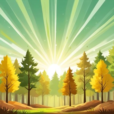 A Cartoon Forest With Green Yellow And Brown Trees Under A Bright Sun With Rays Of Light In A Clear Sky Nature Background Vector Illustration 9 255b