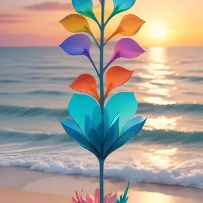 A Colorful Abstract Flower With Large Petals Against A Serene Ocean Landscape At Sunset The Flower Has A Tall Stem And Is Set Against A Vibrant Sky With Warm Orange And Pink Hues Reflecting On Th 64 F4b1